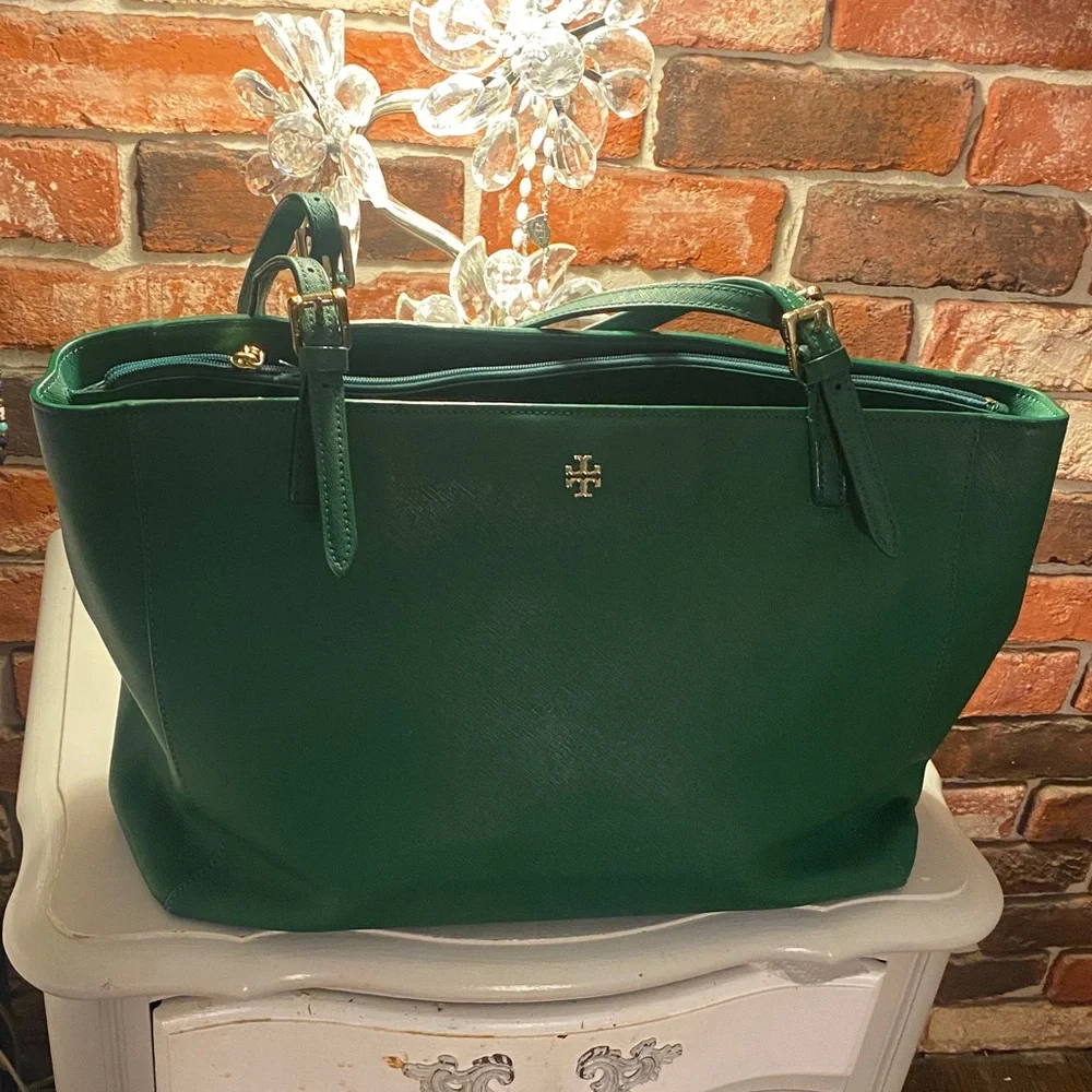 Tory Burch Emerald Green Leather Tote with Gold Logo